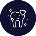 A cute white line drawing of a smiling tooth with sparkles and a heart shape on the top right corner, set against a navy blue circular background. The happy and clean tooth symbolizes dental health or care, much like how a veterinarian ensures the well-being of animals.