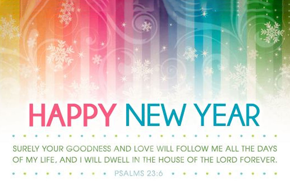 Colorful New Year card with a rainbow gradient background featuring snowflakes and vertical lines. The text reads, "HAPPY NEW YEAR" in large font, followed by a quote: "Surely your goodness and love will follow me all the days of my life, and I will dwell in the house of the Lord forever. Psalms 23:6." Perfect for your vet or favorite veterinarian!