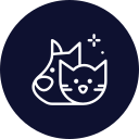 A white line illustration of a dog and a cat, both with happy expressions, is depicted on a dark blue circular background. Sparkles appear above the cat's head, suggesting a sense of cleanliness or positive energy, reminiscent of a visit to the veterinarian.