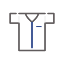 Icon of a shirt illustrated in a minimalistic style. The shirt is white with gray short sleeves and a gray collar. There is a blue line running vertically down the center of the shirt, resembling a tie or decorative stripe, ideal for showcasing the clean professionalism often associated with a vet.