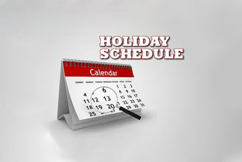 A red and white desk calendar is flipped to December, with days 20 through 25 circled in black. The text "HOLIDAY SCHEDULE" is featured prominently above the calendar. A veterinarian's appointment reminder can be seen on the background, which is light gray.