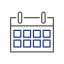 Icon of a calendar with a grid layout. The calendar, often found in a veterinarian's office, has two binder rings at the top and a series of squares underneath, indicating the days of the month. The image uses blue and white colors.